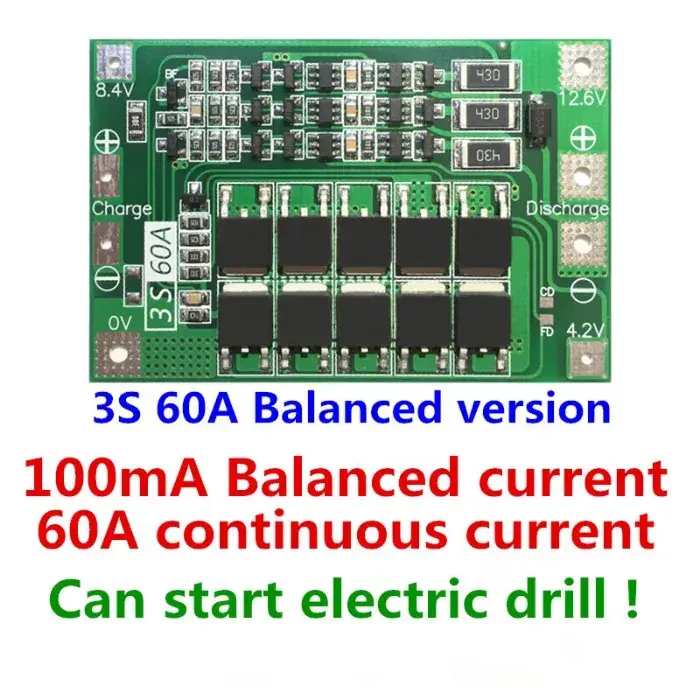 Плата захисту BMS 3S 60A 12,6-13.6V Li-Ion 18650, 26650 (Контролер заряду/розряджання BMS 3S 60A Balanced)