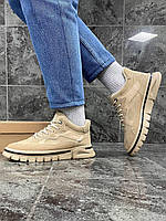 Мужские зимние ботинки (бежевые) стильная светлая короткая обувь с мехом 9-772 топ