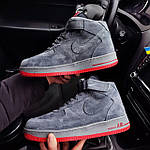Чоловічі зимові кросівки Nike Air Force 1 grey (сірі з червоним) високі модні кеди на хутрі F618 топ, фото 3
