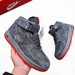 Чоловічі зимові кросівки Nike Air Force 1 grey (сірі з червоним) високі модні кеди на хутрі F618 топ, фото 9