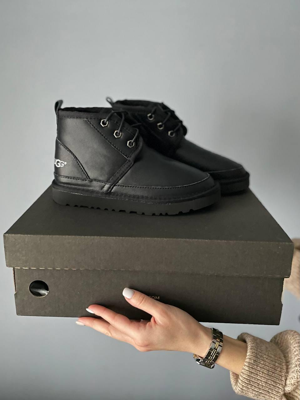 Чоловічі зимові черевики UGG Neumel Leather Black (чорні) коротке повсякденне тепле взуття з хутром S959 топ