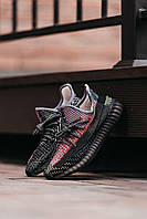 Мужские кроссовки Adidas Yeezy Boost 350 V2 (чёрные с красным) полностью светоотражающие деми кроссы MD0199