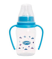 Бутылочка для кормления изогнутая с ручками и силиконовой соской 0+ голубая Lindo 125 мл (4826721201467)