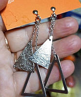Длинные клипсы серьги сережки (без прокола) пр-во Корея серебристый металл по 2 треугольники
