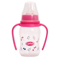 Бутылочка для кормления изогнутая с ручками и силиконовой соской 0+ розовая Lindo 125 мл (4826721301464)