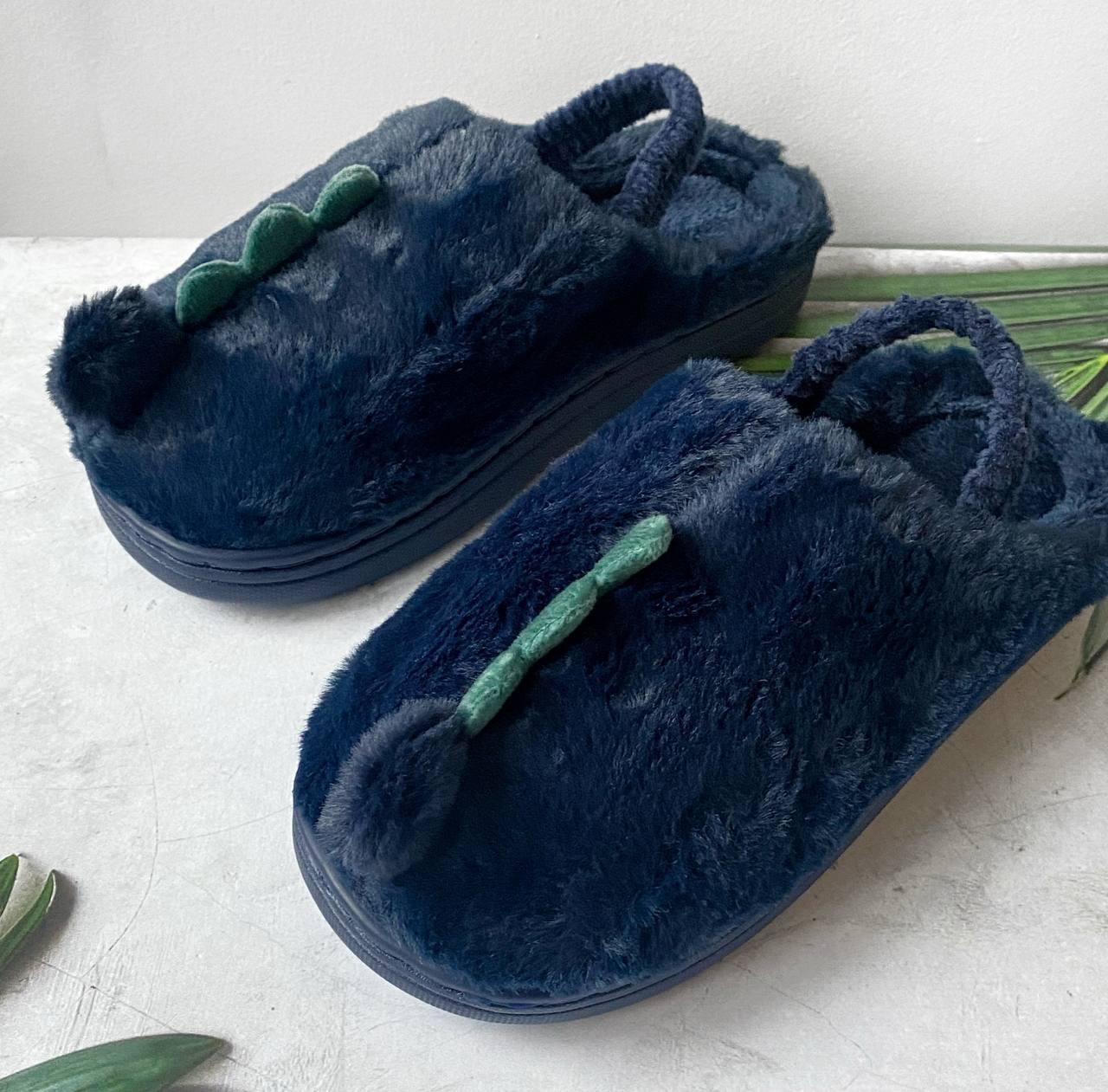 Тапочки дитячі Динозаври темно-сині, хутряні теплі, розмір 30-31, устілка 19 см