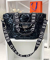 Лаковая чёрная большая женская сумка Guess Гесс