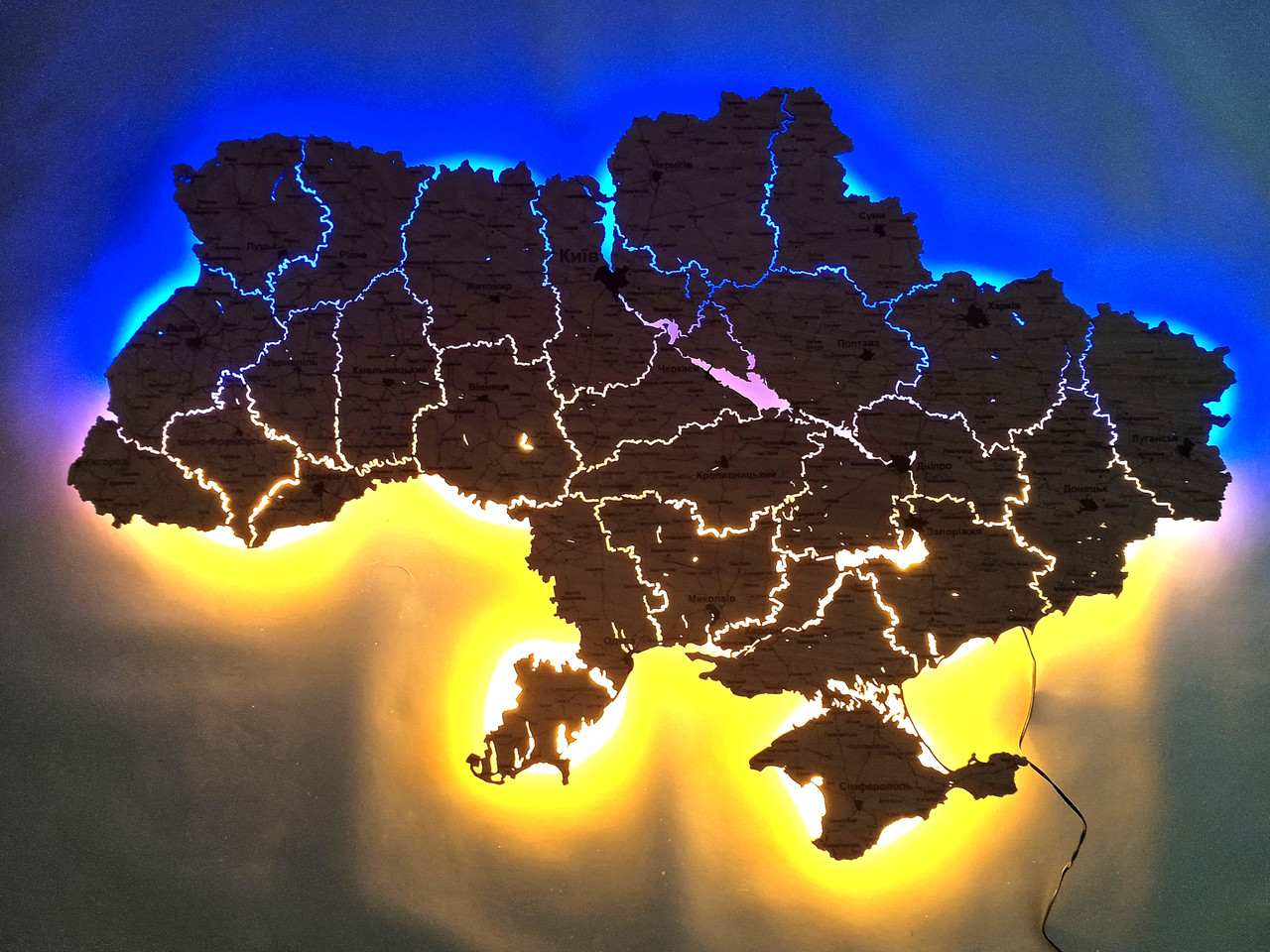 Карта/мапа України дерев'яна настінна з LED підсвічуванням Nevet синьо-жовтий 120х80 см без пульта