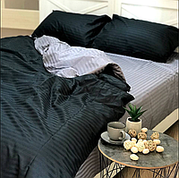 Комплект постельного белья натуральный 100% хлопок Страйп Сатин двухсторонний Черно - Серый