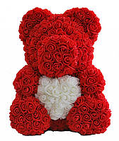 Мишка из 3D роз высотой 40см Красный с белым сердечком в подарочной упаковке