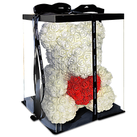 Мишко з троянд 40 см в подарунковій коробці / Ведмедик з квітів / Оригінальний подарунок дівчині Білий
