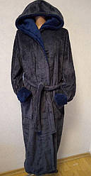Теплий махровий чоловічий халат, довгий, на запах, під пояс, з капюшоном р.48,50,54,56 сірий із синім