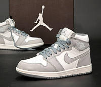 Кроссовки зимние женские Nike Air Jordan 1 серые с белым, Найк Джордан Ретро 1 кожаные с мехом. код KD-14040