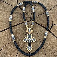 Позолоченный крестик на кожаном шнурке с ликами святых