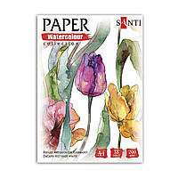 Папір для акварелі SANTI "Flowers"", А4 "Paper Watercolour Collection", 200г / кв.м, 18 арк, 130502 в папці