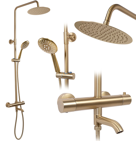 Душовий гарнітур REA LUNGO BRUSHED GOLD матове золото з термостатом та виливом, фото 1