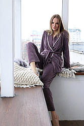 Домашній костюм з велюру лілового кольору (кофта з поясом та штани) (L)