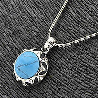 Кулон на ланцюжку сріблястого кольору Stainless Steel з пресованою бірюзою з білими стразами довжина 45 см