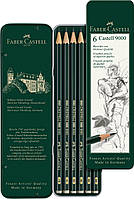 Набор чернографитных карандашей Faber-Castell CASTELL 9000 в метал. коробке 6 шт разных тв. (НВ-8В), 119063