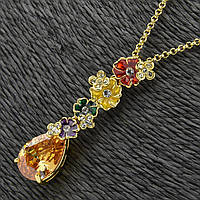 Кулон на цепочке золотистого цвета металлический с разноцветными цветочками и кристаллом длина 45 см