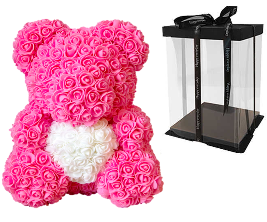 Мишко з троянд 40 см в подарунковій коробці / Ведмедик з квітів / Оригінальний подарунок дівчині Рожевий
