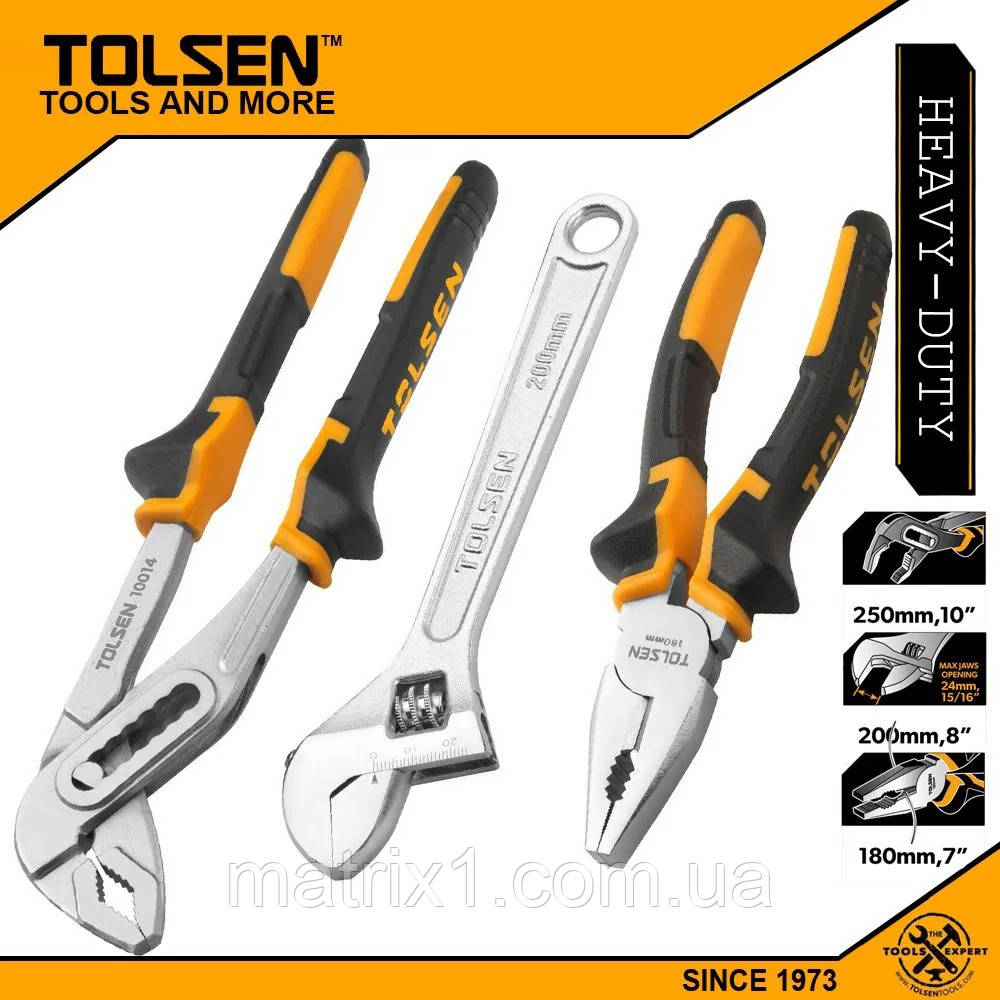 Набір: комбіновані плоскогубці 180 мм, плоскогубці для водяного насоса 250 мм, регульований ключ 8", фото 1