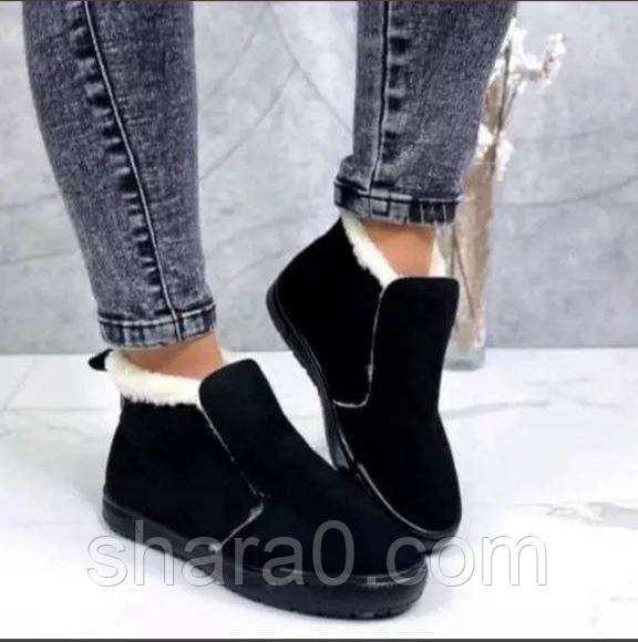 Угги жіночі зимові замшеві черевики на хутрі чорні 38р = 24.7 см
