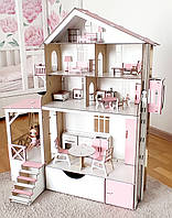Деревянный кукольный детский домик сборный трехэтажный для кукол, с лифтом, с террасой, с балконом и с ящичком