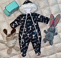 Дитячий зимовий комбінезон чоловічок для новонароджених на махрі з хутром на капюшоні, руки/ніжки закриті