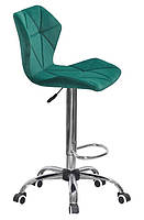 Стільчик для візажиста високий барний на колесах із підніжкою Torino оксамит зелений B-1003 Bar CH-Office, фото 4