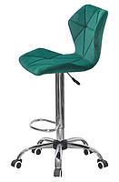 Стільчик для візажиста високий барний на колесах із підніжкою Torino оксамит зелений B-1003 Bar CH-Office, фото 3