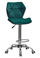 Стільчик для візажиста високий барний на колесах із підніжкою Torino оксамит зелений B-1003 Bar CH-Office, фото 2