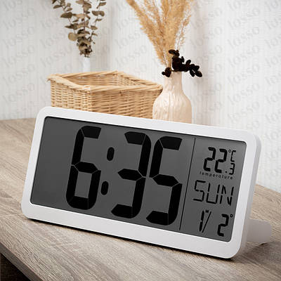 Годинник настільний електронний LCD Losso Premium LARGE c термометром (білий), будильник