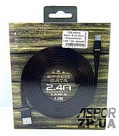 USB кабель Aspor A135 Micro Плоский Nylon 2.4A/1.2м - черный