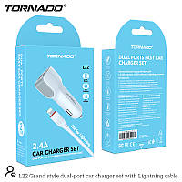 Автомобильное зарядное устройство Tornado L-22 (2USB/2.4A/1м) + USB кабель Lightning- белый