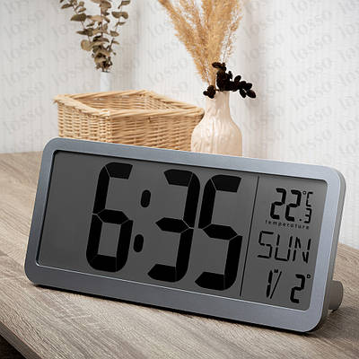 Годинник настільний електронний LCD Losso Premium LARGE c термометром (сріблястий), будильникк
