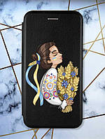 Чехол-книжка с рисунком для Samsung Galaxy A11 Черный :: Украинка с колосками (принт 172)