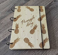 Блокнот деревянный А5 Pineapple diary Ананасы Светлый из фанеры на кольцах, 60 листов, А5