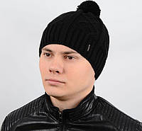 Мужская зимняя шапка с ниточным помпоном теплая на флисе
