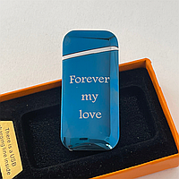 Электроимпульсная USB зажигалка: Навсегда моя любовь (текст можно изменить) С дугами, синяя.
