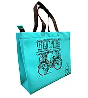 Еко-сумка коробка 380х280 з принтом на замку опт Бирюзовый, Девушка на велосипеде