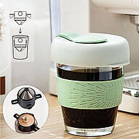 Чашка с крышкой стеклянная 12.5х9.5см Серо-мятная, заварочная кружка фильтр для кофе/чая - пуровер (GK)
