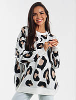 Стильный женский свитер туника оверсайз леопардовый принт белый-мята 44-50 Капучино