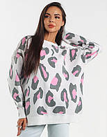 Стильный женский свитер туника оверсайз леопардовый принт белый-мята 44-50 Розовый