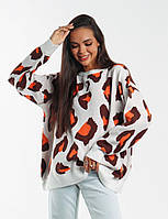 Стильный женский свитер туника оверсайз леопардовый принт белый-мята 44-50 Оранжевый