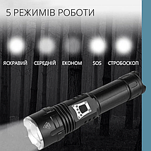 Ліхтар Orteх  P90 Led з функцією ZOOM  та павербанку USB C чорний, ремінець на руку, фото 3