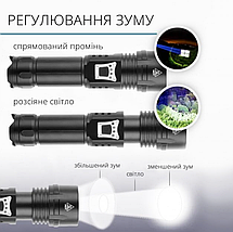 Ліхтар Orteх  P90 Led з функцією ZOOM  та павербанку USB C чорний, ремінець на руку, фото 4