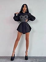 Короткое платье - рубашка с атласным топом корсетом со стразами (р. 42-44) 66PL5067Е Черный