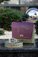 Кожаная женская сумка Пейзаж меньшая фиолетовый-оливка