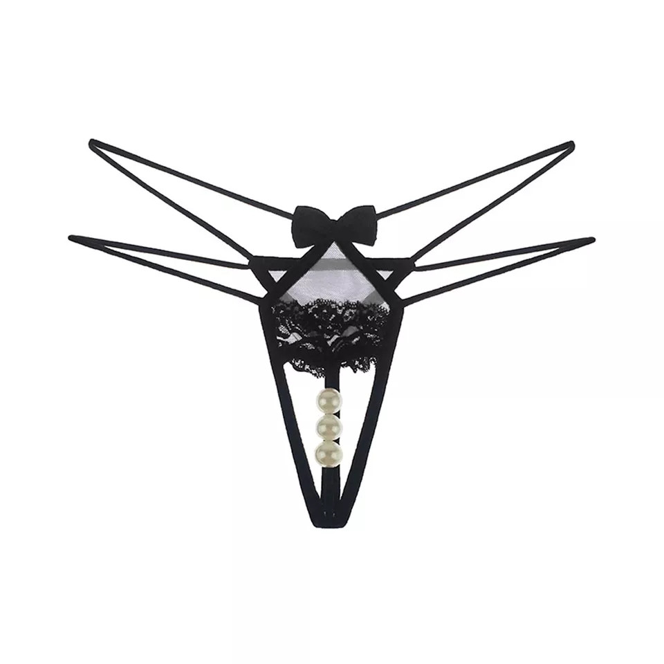 Трусики з вирізом та перлами чорно-білі - розмір універсальний, резинка до 92см, фото 1